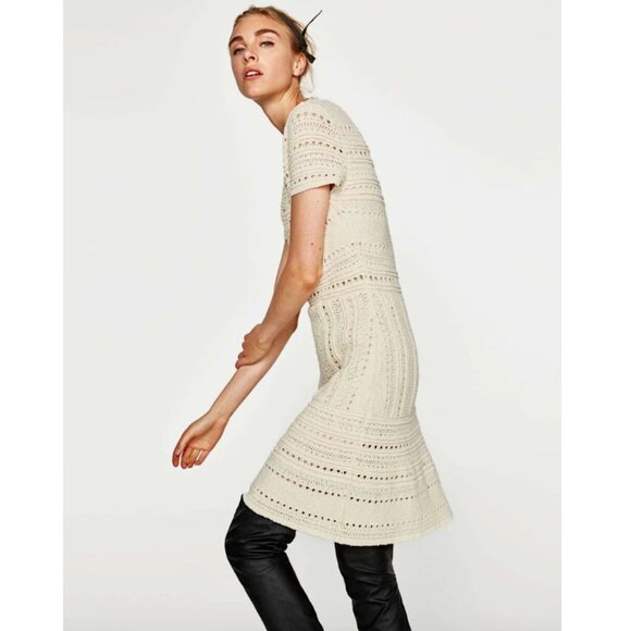 ZARA Ecru Crochet Knit Short Sleeve Dress Chic Large - Picture 2 of 10